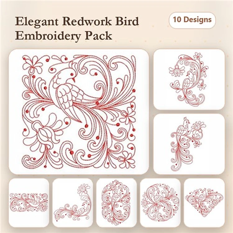 Redwork Elegant Bird Embroidery Designs Bundle – Bird with Floral Swirls, Ornate Flourish, Detailed Bird Design & More (10 Designs)