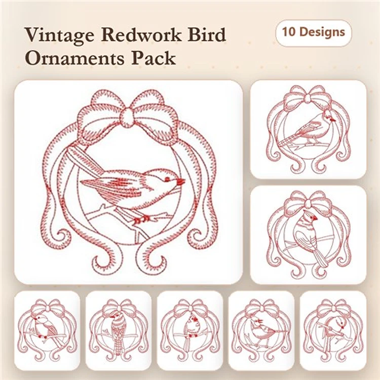 Redwork Vintage Bird Ornaments Embroidery Bundle – Bird with Branch, Singing Bird with Ribbon, & More (10 Designs)