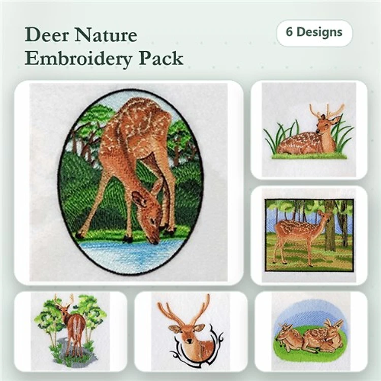 Deer in Nature Embroidery Bundle – Deer Drinking Water, Deer in Grass, Male Deer with Antlers & More (6 Designs)