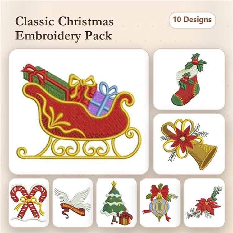 Classic Christmas Embroidery Designs Bundle – Sleigh, Stocking, Bell, Candy Cane & More (10 Designs)