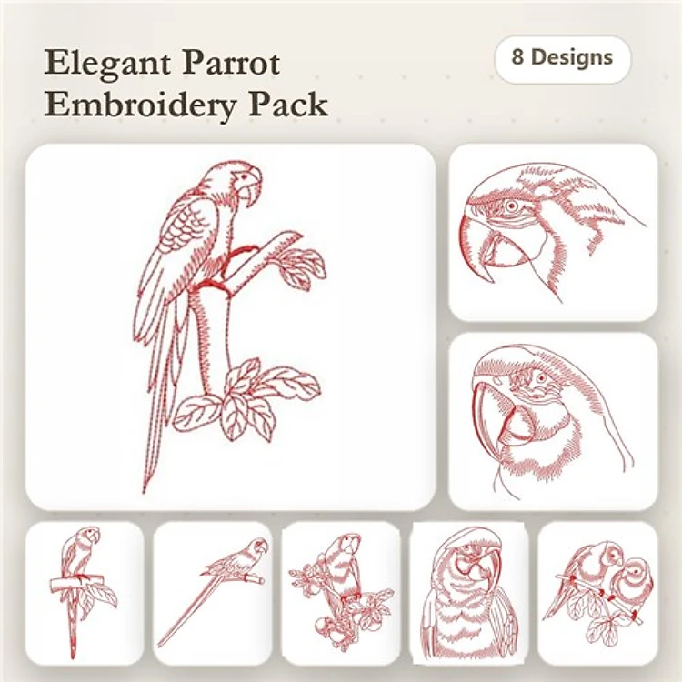Redwork Elegant Parrots Embroidery Designs Bundle – Parrot on Branch, Standing Parrot, Parrot Profile & More (8 Designs)