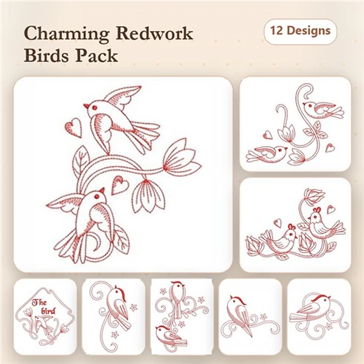 Redwork Charming Birds Embroidery Designs Bundle – Bird Couple, Floral Swirl, Heart Nest & More (12 Designs)