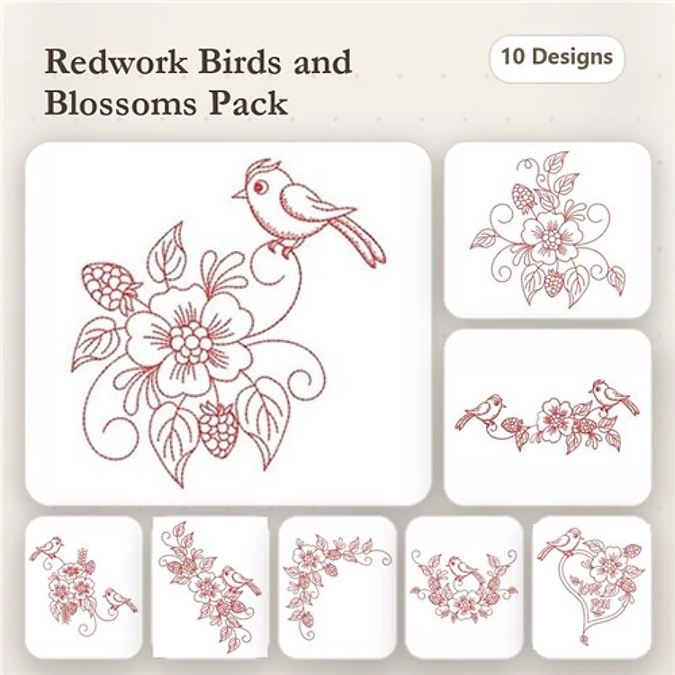 Redwork Birds and Blossoms Embroidery Designs Bundle – Bird with Flowers, Floral Vine with Bird, & More (10 Designs)