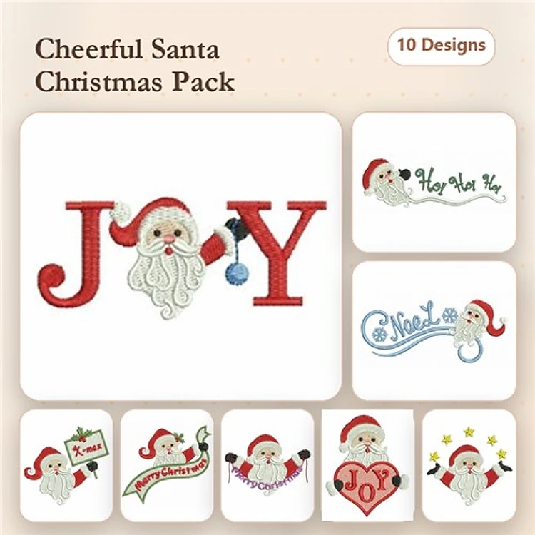 Cheerful Santa Embroidery Designs Bundle – Joy with Santa, Santa with Ornament, Ho Ho Ho & More (10 Designs)