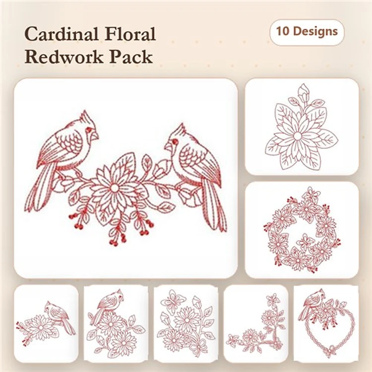 Redwork Cardinal & Floral Embroidery Designs Bundle – Cardinal Birds, Floral Wreath, Floral Bouquet & More (10 Designs)