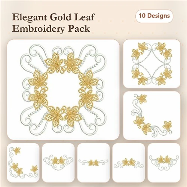 Gold Leaf Embroidery Bundle – Floral Wreath, Corner Design, Vine & More (10 Designs)