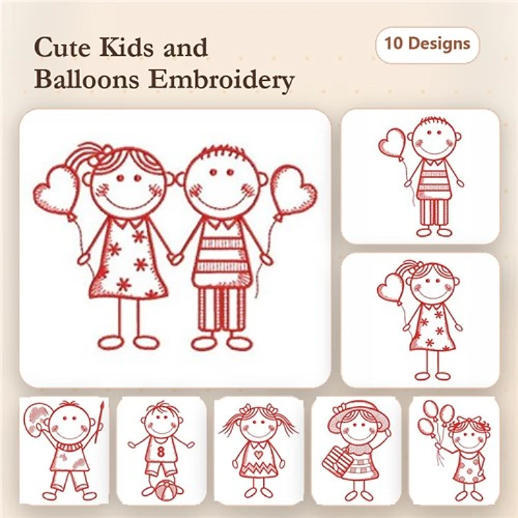 Redwork Cute Kids with Balloons Embroidery Bundle – Boy with Heart Balloon, Girl with Party Hat & More (10 Designs)