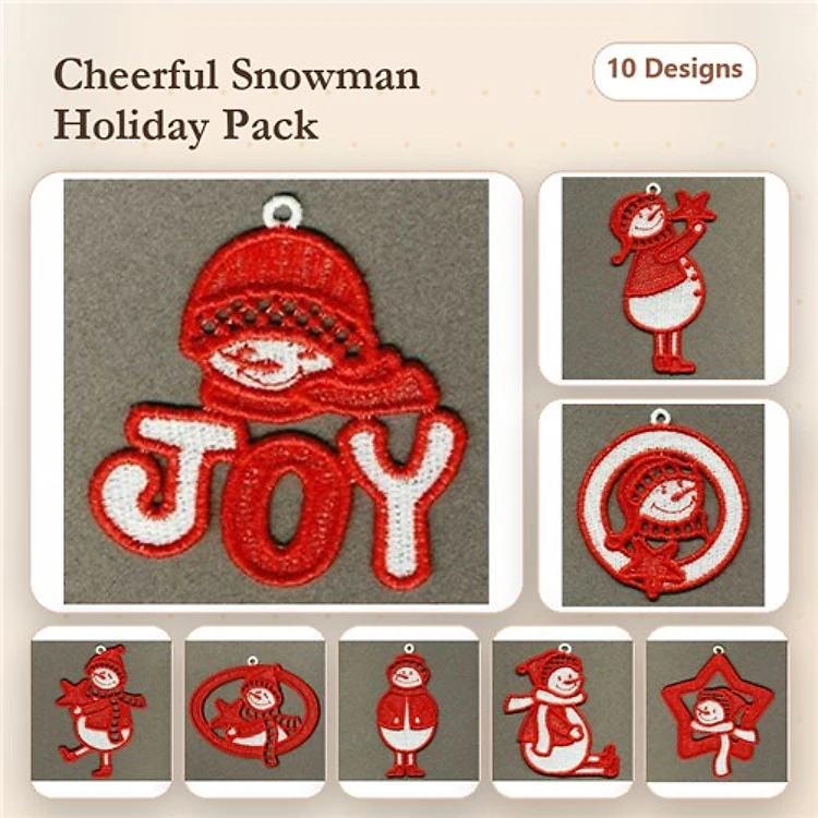 FSL Cheerful Snowman Embroidery Designs Bundle – Snowman with Scarf, Joy Text, Decorative Snowman Ornament & More (10 Designs)