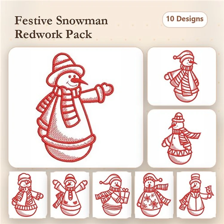 Redwork Festive Snowman Embroidery Bundle – Snowman with Hat, Snowman with Present, & More (10 Designs)