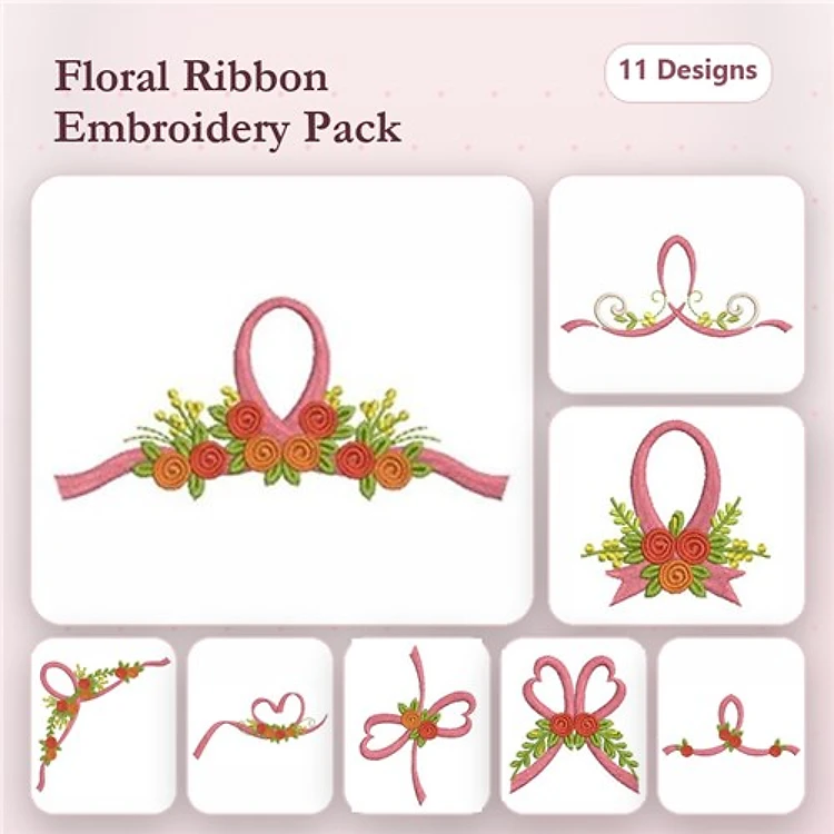 Floral Ribbon Embroidery Bundle – Ribbon Bow with Floral Accents, Decorative Ribbon with Flowers, Floral Heart Shape & More (11 Designs)
