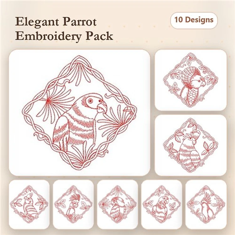Redwork Elegant Parrot Embroidery Bundle – Parrot with Leaves, Parrot in Flower Frame, Cockatoo with Palm & More (10 Designs)