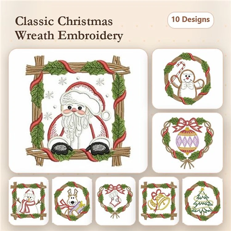 Christmas Wreaths Embroidery Designs Bundle – Santa, Snowman, Ornament & More (10 Designs)
