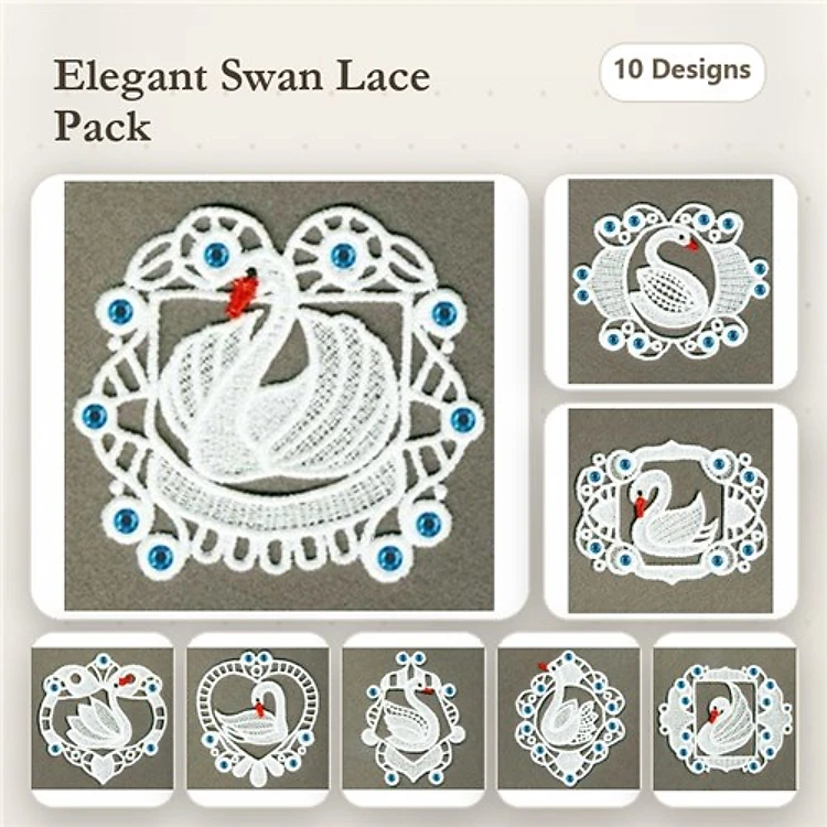FSL Elegant Swan Embroidery Bundle – Lace Centerpiece, Framed Swan, Lace Ornament & More (10 Designs)