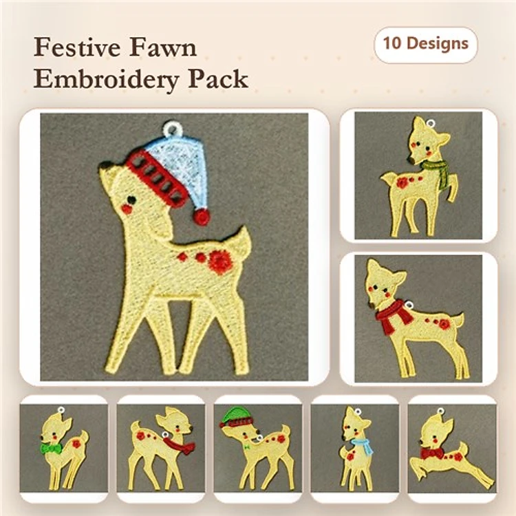 FSL Festive Fawn Embellishments Embroidery Bundle – Fawn with Blue Hat, Fawn with Red Scarf, Fawn with Christmas Hat & More (10 Designs)