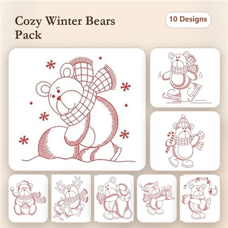 Redwork Winter Bears Embroidery Designs Bundle – Bear with Scarf, Bear Ice Skating, Bear with Present & More (10 Designs)