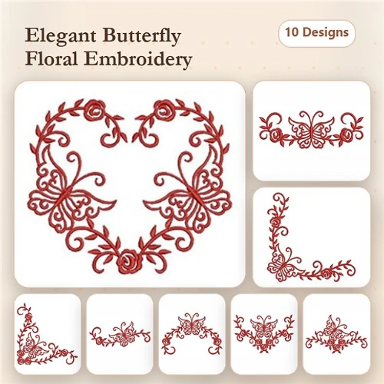 Redwork Butterflies & Floral Embellishments Embroidery Designs Bundle – Butterfly Heart, Ornamental Corner, & More (10 Designs)
