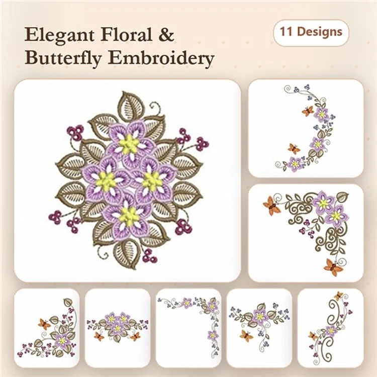 Elegant Floral & Butterfly Embroidery Designs Bundle – Floral Mandala, Butterfly Swirl, Ornamental Flower Embellishment & More (11 Designs)