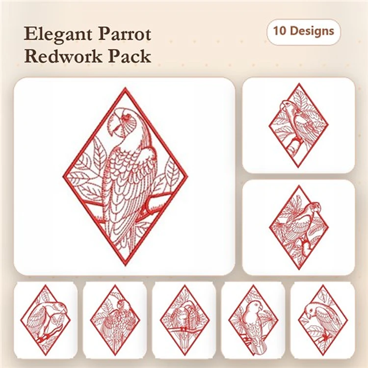 Redwork Elegant Parrots Embroidery Designs Bundle – Parrot on Branch, Detailed Parrot Portrait & More (10 Designs)