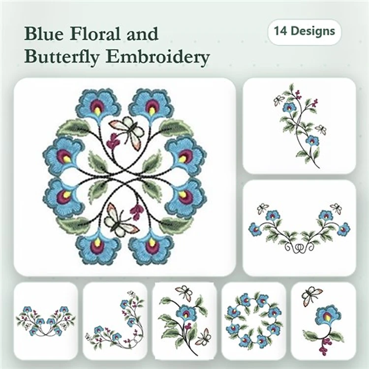 Blue Floral & Butterfly Embroidery Designs Bundle – Floral Mandala, Butterfly, Blue Blossom & More (14 Designs)