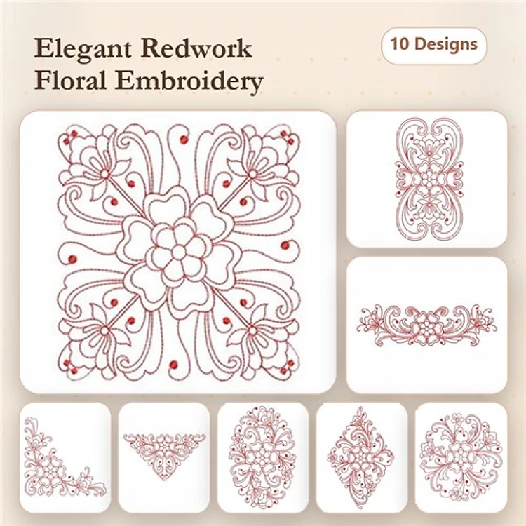 Redwork Elegant Floral Embroidery Bundle – Floral Motifs, Decorative Borders & More (10 Designs)