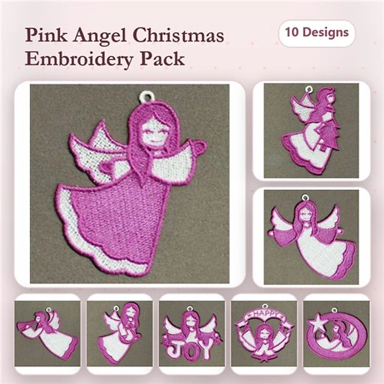 FSL Pink Angel Christmas Embroidery Designs Bundle – Angel with Wings, Holding Joy, Musical Notes & More (10 Designs)