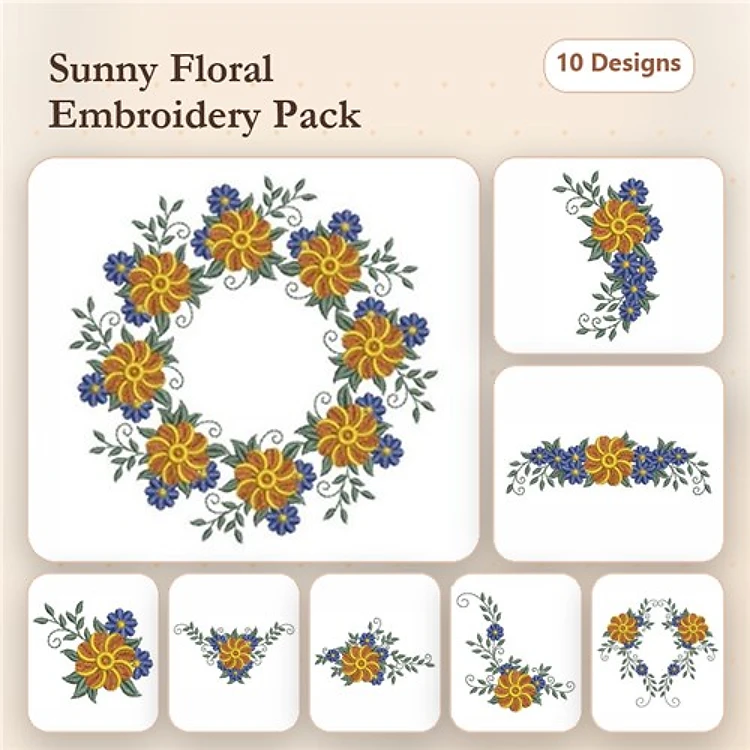 Floral Embellishments Embroidery Bundle – Floral Wreath with Sunflowers, Floral Border, Sprig of Blue Flowers & More (10 Designs)