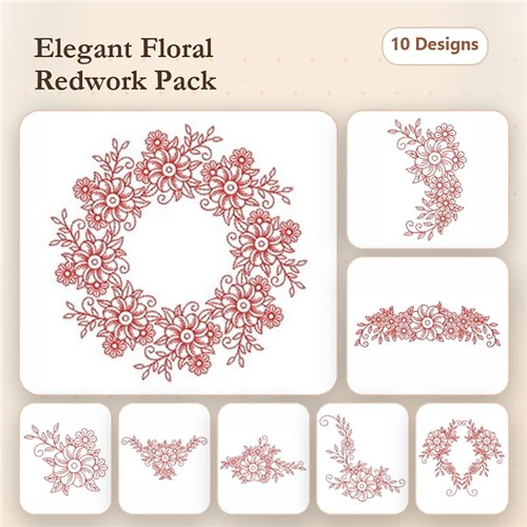 Redwork Floral Embellishments Embroidery Designs Bundle – Wreath, Corner, Branches, & More (10 Designs)