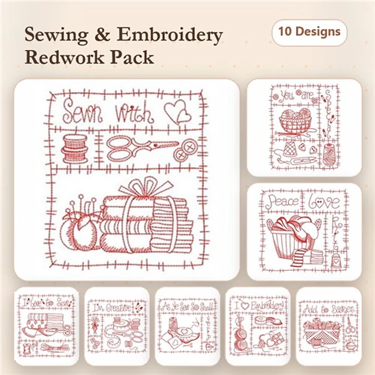 Redwork Sewing Embroidery Designs Bundle – Sewing Witch, Sewing Basket, Peace Love Sewing & More (10 Designs)