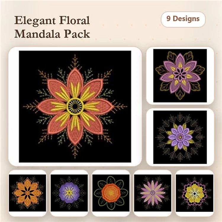 Floral Mandalas Embroidery Designs Bundle – Colorful Floral Mandala 1, Colorful Floral Mandala 2, & More (9 Designs)