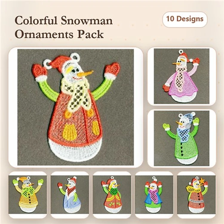 FSL Colorful Snowman Ornament Embroidery Bundle – Red, Pink, Green, Blue & More (10 Designs)