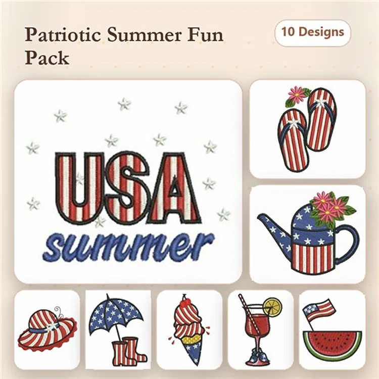 Patriotic Summer Embroidery Designs Bundle – USA Summer Text, Flip Flops, Watering Can with Flowers & More (10 Designs)