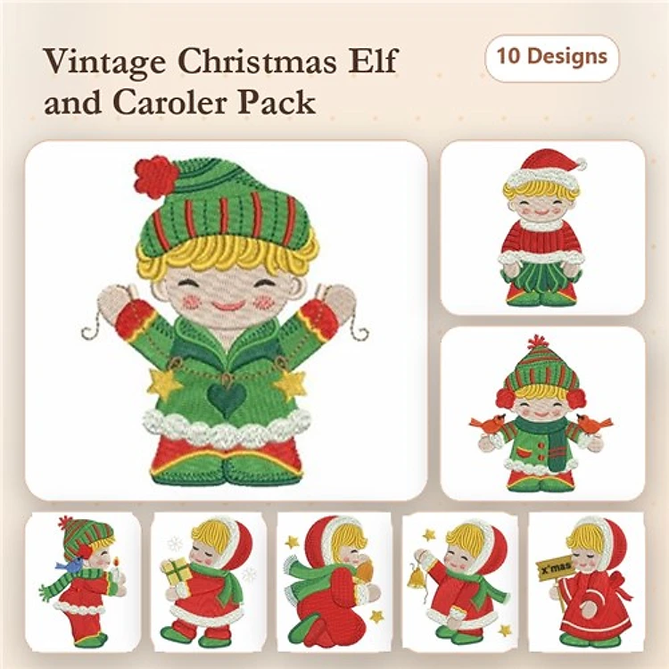 Vintage Christmas Elves & Carolers Embroidery Bundle – Vintage Christmas Elf, Carol Singing Boy, Christmas Girl with Gifts & More (10 Designs)