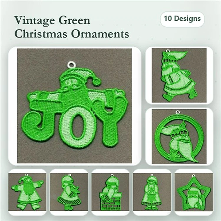FSL Vintage Christmas Ornament Embroidery Bundle – JOY, Santa Claus, Christmas Tree & More (10 Designs)