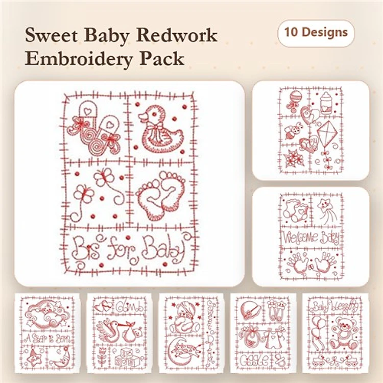 Redwork Baby Themed Embroidery Designs Bundle – Duckling, Baby Feet, Teddy Bear & More (10 Designs)