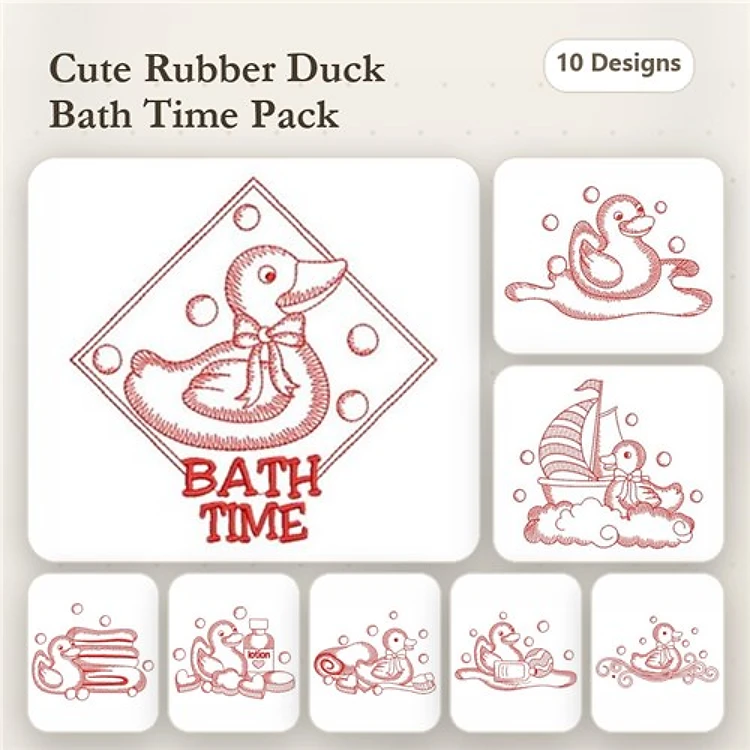 Redwork Rubber Duck Bath Embroidery Designs Bundle – Rubber Duck with Bow, Rubber Duck with Sailboat, & More (10 Designs)
