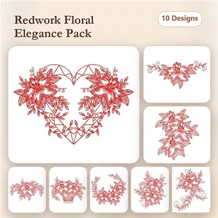 Redwork Floral Elegance Embroidery Designs Bundle – Floral Heart, Floral Border, Floral Spray & More (10 Designs)