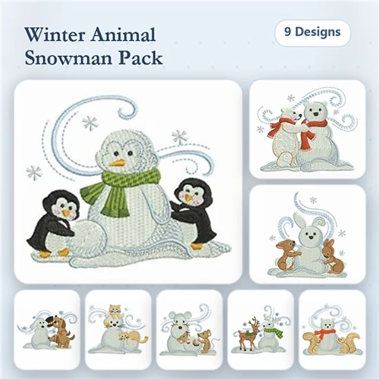 Snowman & Winter Animal Embroidery Bundle – Festive Friends (9 Designs)