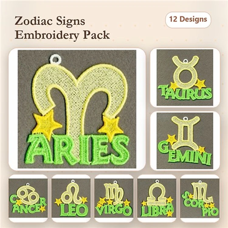 FSL Zodiac Signs Embroidery Designs Bundle – Aries, Taurus, Gemini & More (12 Designs)