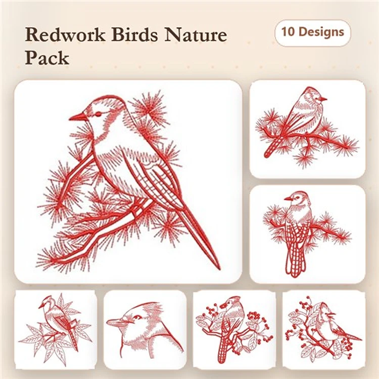 Redwork Birds in Nature Embroidery Bundle – Blue Jay, Chickadee, Woodpecker & More (10 Designs)