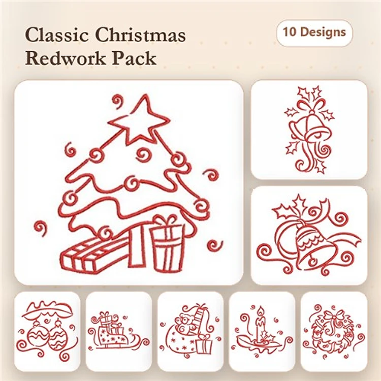 Redwork Classic Christmas Embroidery Designs Bundle – Christmas Tree with Gifts, Santa, Bell Ornament & More (10 Designs)