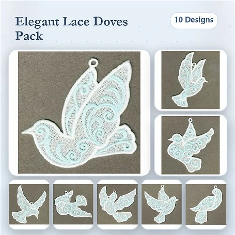 FSL Elegant Lace Doves Embroidery Bundle – Lace Dove with Swirls, Dove Ornament with Lace & More (10 Designs)