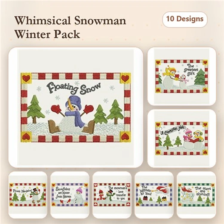 Snowman Winter Embroidery Designs Bundle – Floating Snow, Joy to the World, Snowman Family & More (10 Designs)