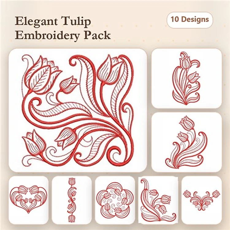 Redwork Elegant Tulip Embroidery Designs Bundle – Tulip Vine, Tulip Bouquet, Heart with Tulips & More (10 Designs)