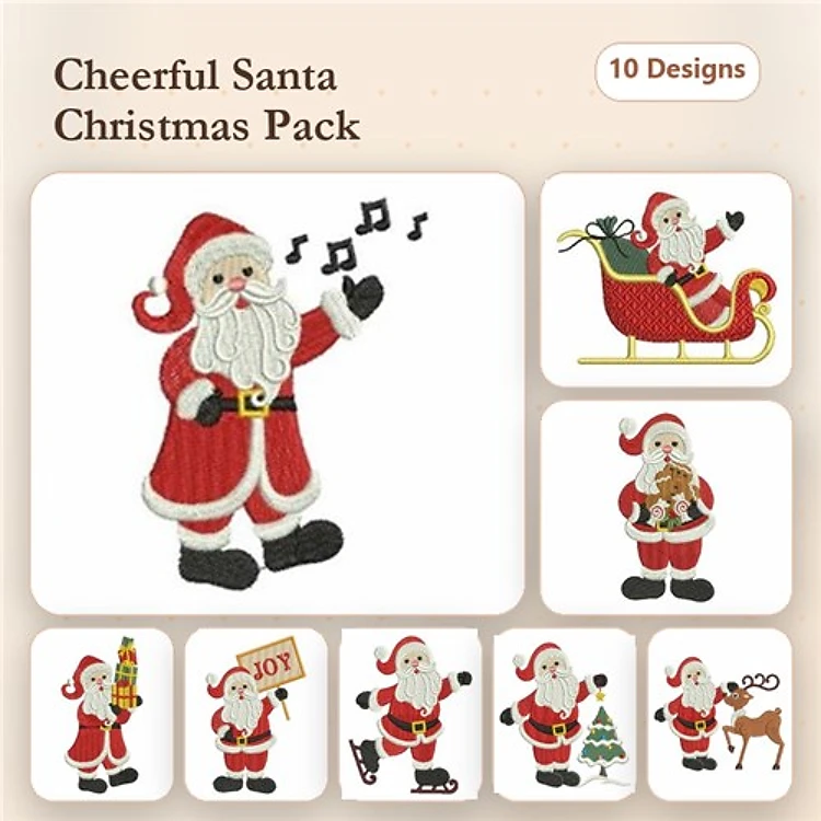 Cheerful Santa Embroidery Designs Bundle – Santa with Music Notes, Santa in Sleigh, Santa with Present & More (10 Designs)
