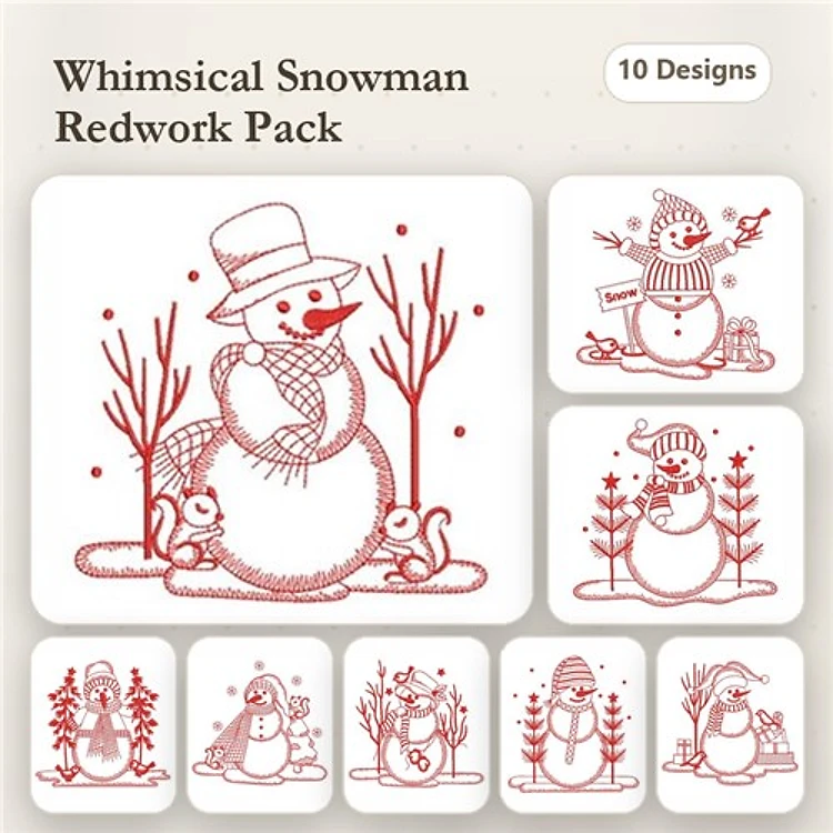 Redwork Whimsical Snowmen Embroidery Designs Bundle – Snowman Family, Snowman with Bird, Snowman Holding a Gift & More (10 Designs)
