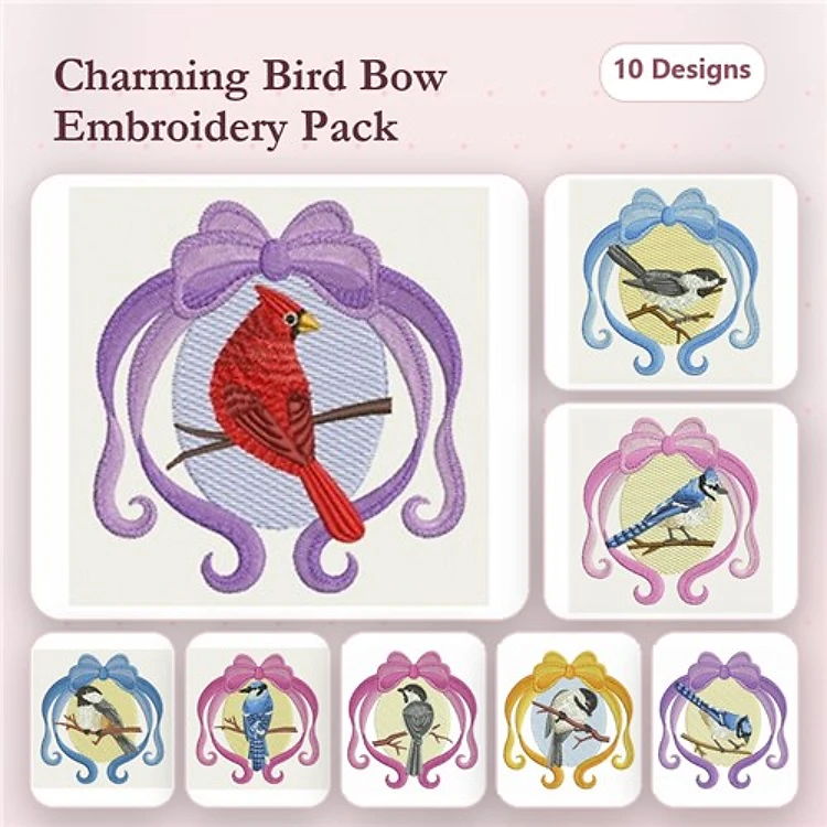 Birds with Bows Embroidery Bundle – Cardinal, Chickadee, Goldfinch & More (10 Designs)