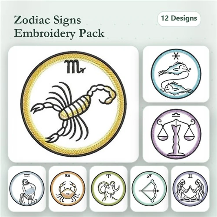 Zodiac Signs Embroidery Designs Bundle – Scorpio, Pisces, Libra, Cancer & More (12 Designs)