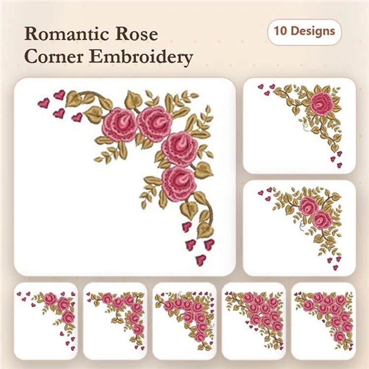 Romantic Rose Corner Embroidery Bundle – Roses, Hearts, Greenery & More (10 Designs)
