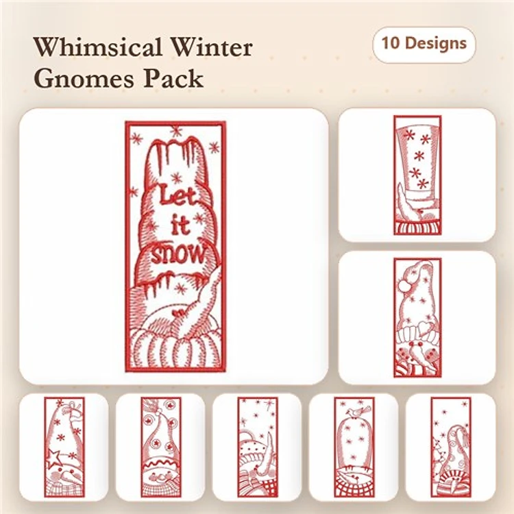 Redwork Whimsical Winter Gnomes Embroidery Bundle – Gnome with Snowflakes, Let it Snow Gnome, Gnome with Bird & More (10 Designs)