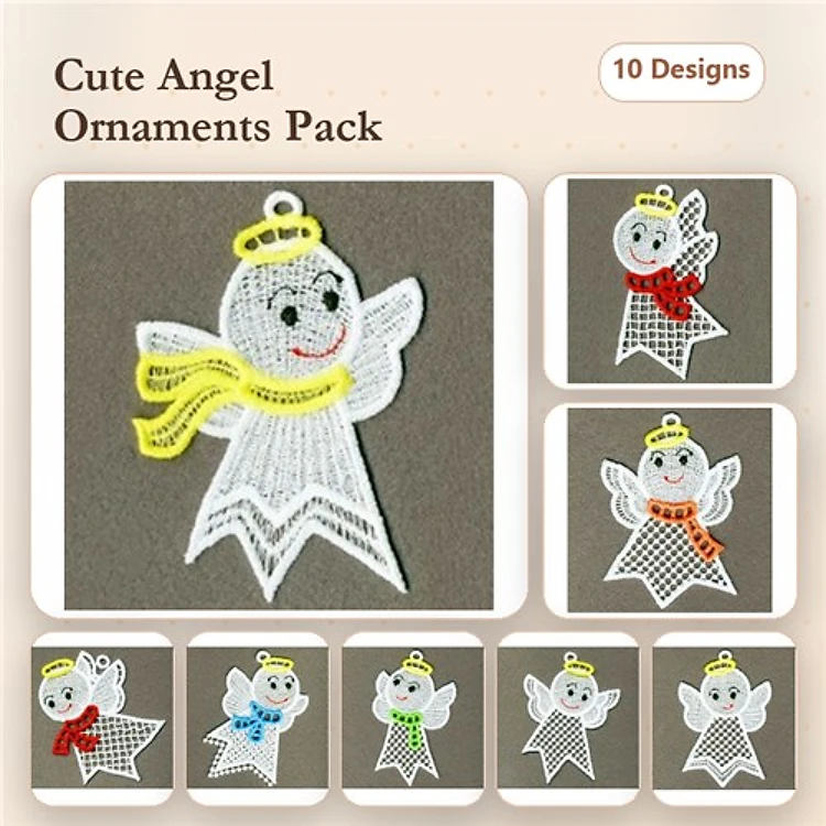 FSL Cute Angel Ornaments Embroidery Designs Bundle – Angel Ornament with Yellow Scarf, Red Scarf, Blue Scarf & More (10 Designs)